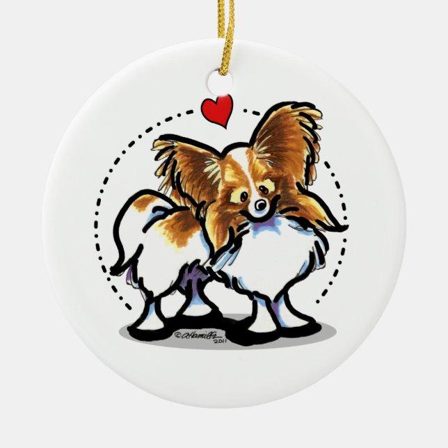 Red White Papillon Heart Personalised Ceramic Ornament (Front)