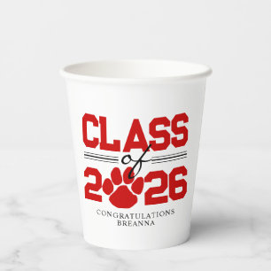 Red & White Pawprint Class of Graduation Paper Cups