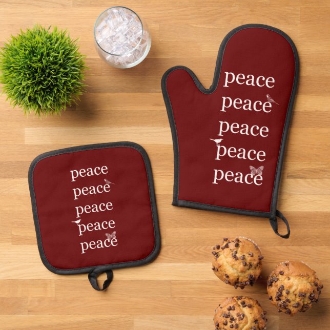 Red White Peace Birds Oven Mitt & Pot Holder Set (Top Down)
