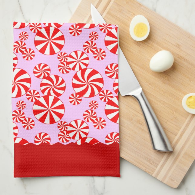 Red White Peppemint Pattern on Pink Kitchen Towel (Quarter Fold)