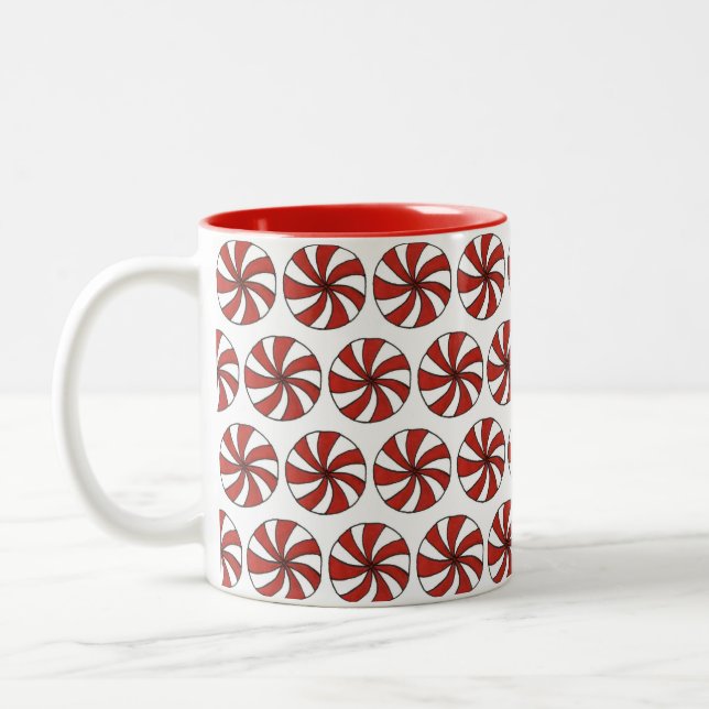 Red White Peppermint Candy Mint Holiday Christmas Two-Tone Coffee Mug (Left)