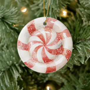 Red White Peppermint Christmas Candy Ceramic Ornament