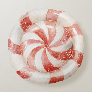 Red White Peppermint Christmas Candy Round Cushion