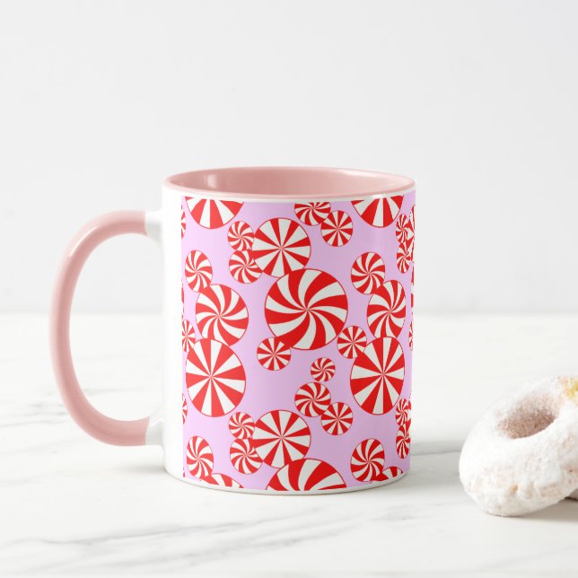 Red White Peppermint on Light Pink Candy Pattern Mug (With Donut)
