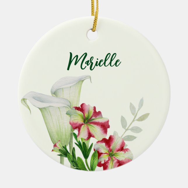 Red White Petunias and Calla Lilies Illustration Ceramic Ornament (Front)