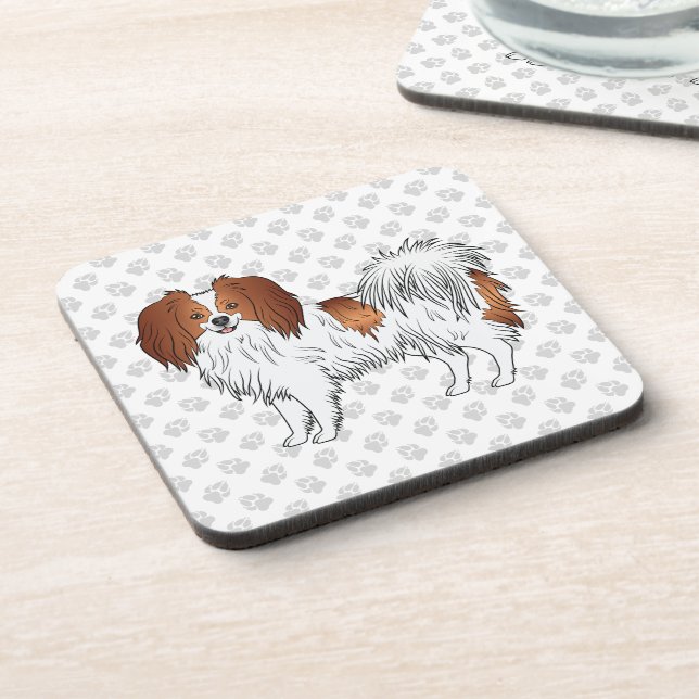 Red White Phalène Dog On Grey Colour Paws Pattern Coaster (Left Side)