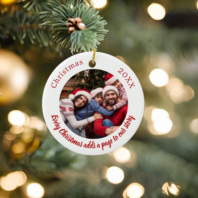 Red white photo family story quote Christmas Ceramic Ornament (Creator Uploaded)