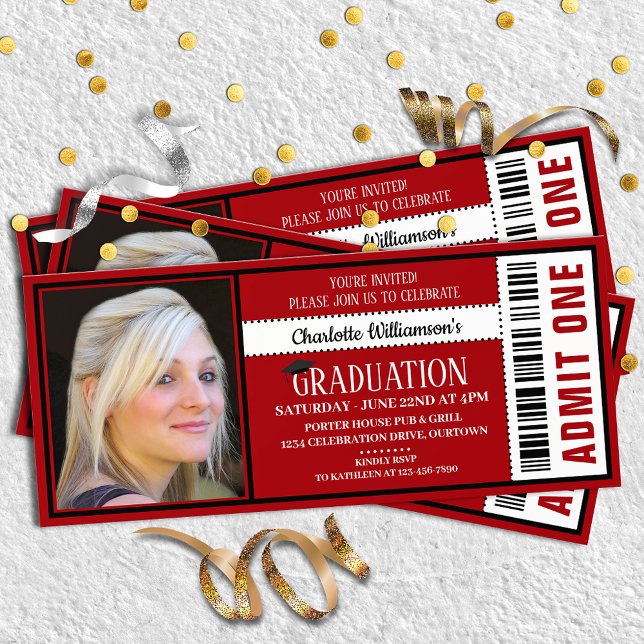 Red|White Photo Ticket Graduation Party Invitation (Creator Uploaded)