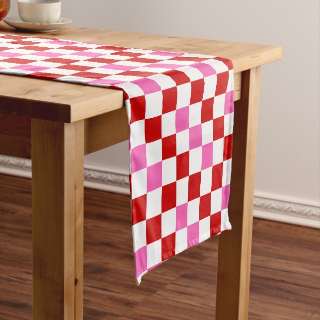 Red White Pink Chequered Pattern Design  Short Table Runner (In Situ)