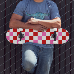 Red White Pink Chequered Pattern Design  Skateboard