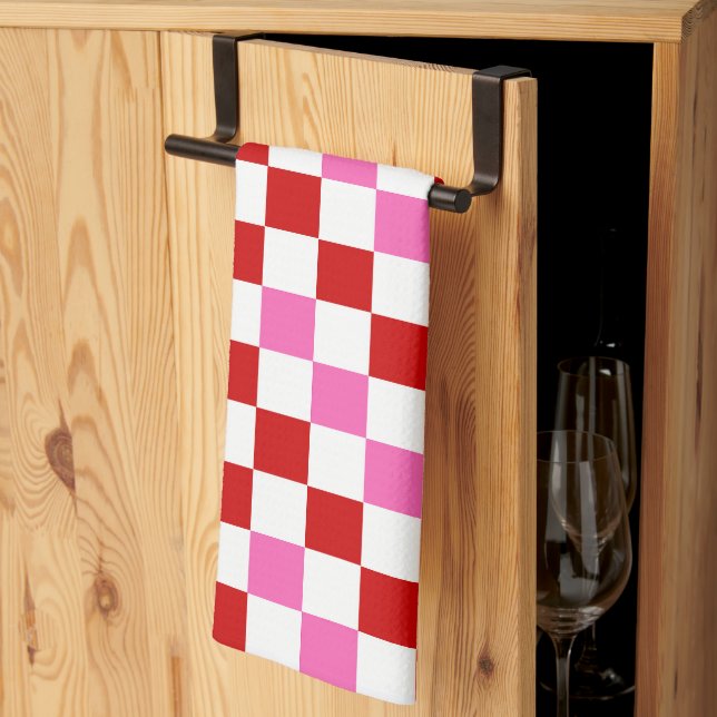 Red White Pink Chequered Pattern Design  Tea Towel (Thirds Fold)