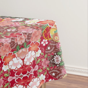 Red White Pink Japanese Floral Cotton Dining Tablecloth