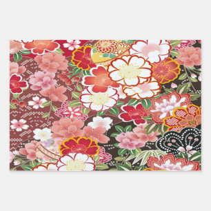Red White Pink Japanese Kimono Floral Decoupage Wrapping Paper Sheet