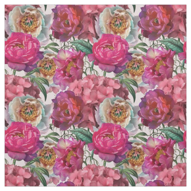 Red White Pink Peonies & Hydrangea Flowers Fabric (Swatch)