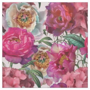 Red White Pink Peonies & Hydrangea Flowers Fabric