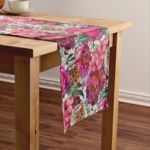 Red White Pink Peonies & Hydrangea Flowers Short Table Runner