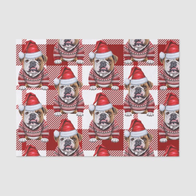 Red White Plaid Bulldog Christmas Holiday Tissue Paper (Front)