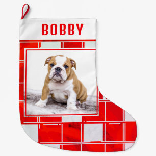 Red White Plaid Bulldog Dog Photo Merry Christmas Large Christmas Stocking