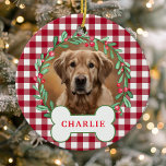 Red & White Plaid Dog Photo Christmas Wreath Ceramic Ornament<br><div class="desc">Add a rustic touch to your holiday decor with this personalised red and white buffalo plaid dog photo Christmas wreath ornament. Featuring a festive wreath with green leaves and berries surrounding your pet's photo, this ornament is perfect for dog lovers who want to showcase their furry friends on their Christmas...</div>