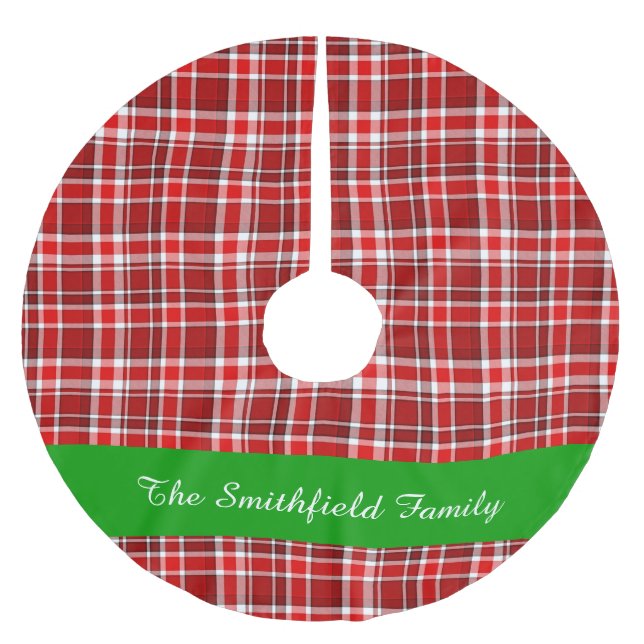 Red White Plaid Family Name Custom 2 Brushed Polyester Tree Skirt (Front)