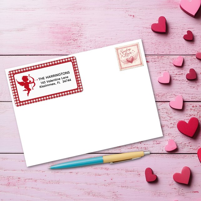 Red & White Plaid Gingham Valentine Cupid & Bow Label (Creator Uploaded)