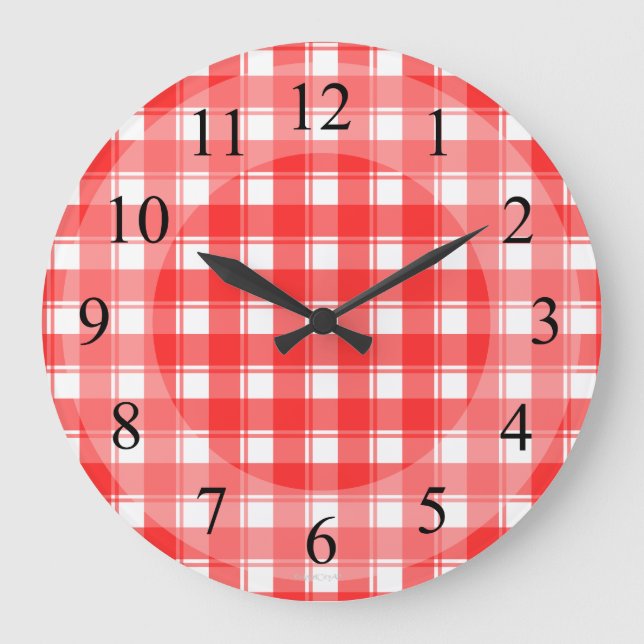 Red White Plaid Retro Kitchen Clock (Front)