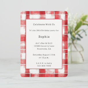 Red White Plaid Stripes Birthday Invitation