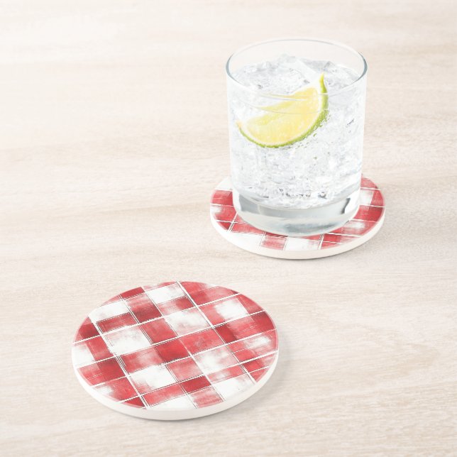 Red White Plaid Stripes Coaster (Side)