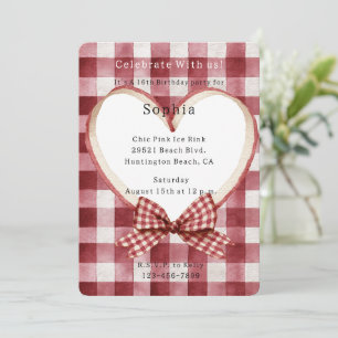 Red White Plaid Stripes Heart Birthday Invitation