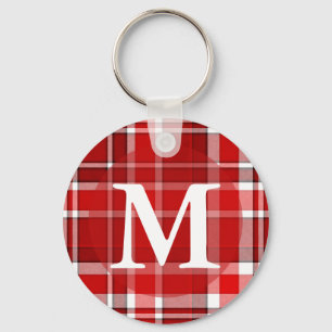 Red White Plaid Tartan Monogram Key Ring