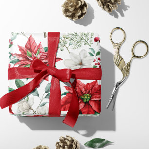 Red & White Poinsettia, Berries, Holly Christmas Wrapping Paper