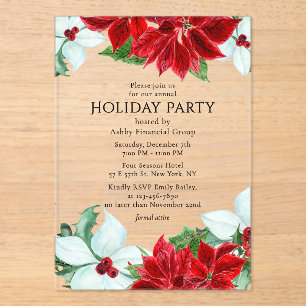 Red White Poinsettia Corporate Holiday Party Acrylic Invitations