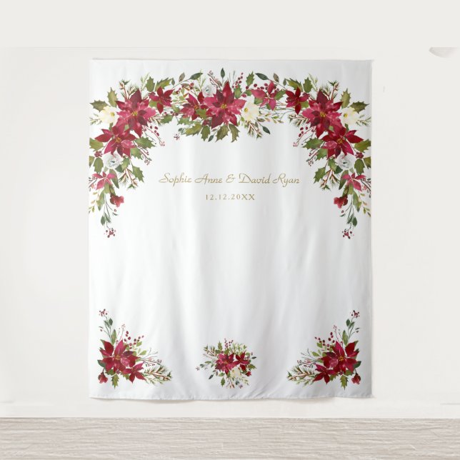 Red White Poinsettia Wedding Photo Booth Backdrop Tapestry (Front)