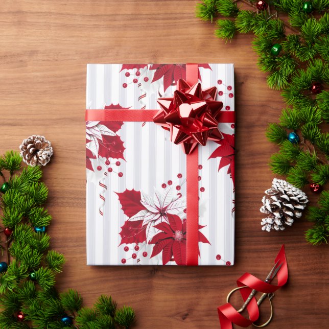 Red & White Poinsettias Floral Christmas Holiday Wrapping Paper (Holiday Gift)