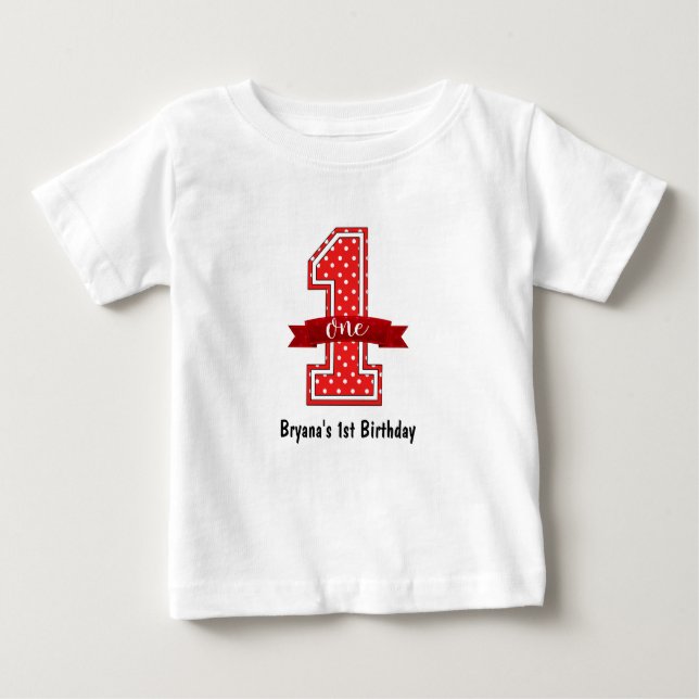 Red & White Polka Dot 1 One 1st Birthday Party Baby T-Shirt (Front)
