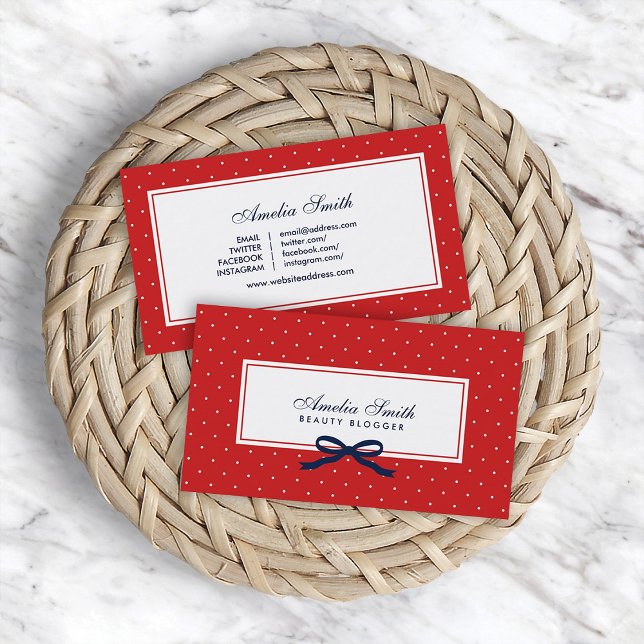 Red & White Polka Dot Blue Ribbon Social Media Business Card (Creator Uploaded)