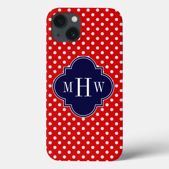 Red White Polka Dot Navy Quatrefoil 3 Monogram Case-Mate iPhone Case (Back)