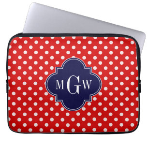 Red White Polka Dot Navy Quatrefoil 3 Monogram Laptop Sleeve