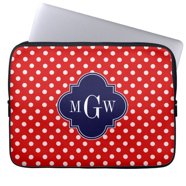 Red White Polka Dot Navy Quatrefoil 3 Monogram Laptop Sleeve (Front)