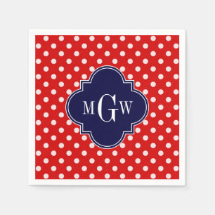 Red White Polka Dot Navy Quatrefoil 3 Monogram Napkin