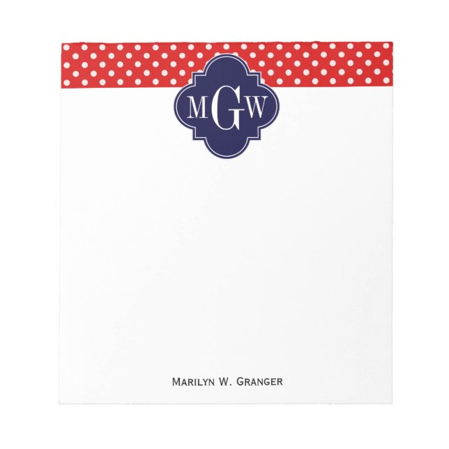Red White Polka Dot Navy Quatrefoil 3 Monogram Notepad (Front)