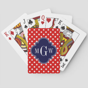 Red White Polka Dot Navy Quatrefoil 3 Monogram Playing Cards