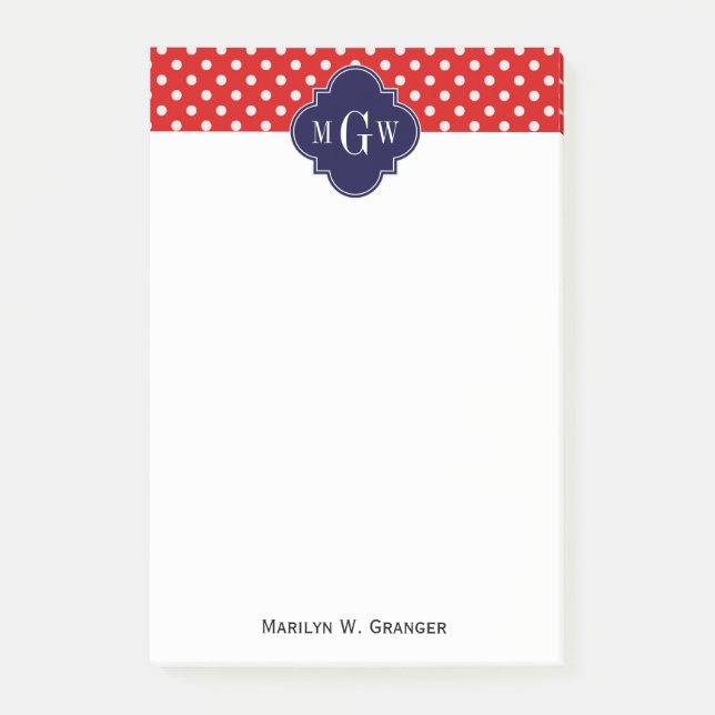 Red White Polka Dot Navy Quatrefoil 3 Monogram Post-it Notes (Front)