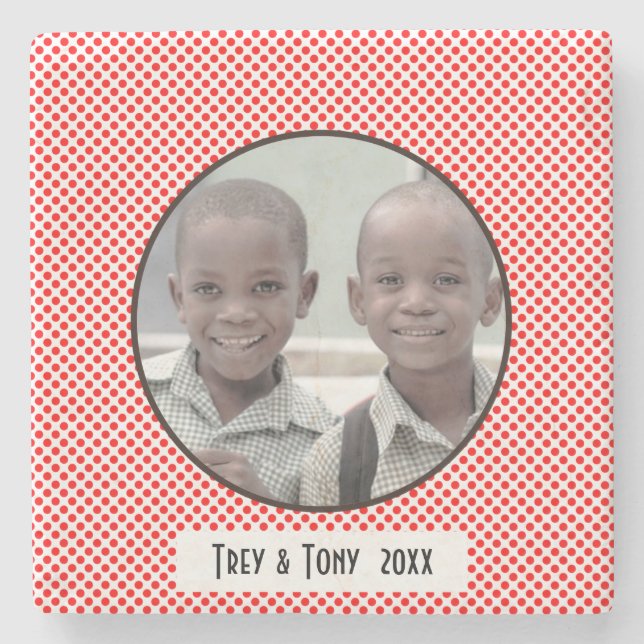 Red White Polka Dot Photo Frame Stone Coaster (Front)