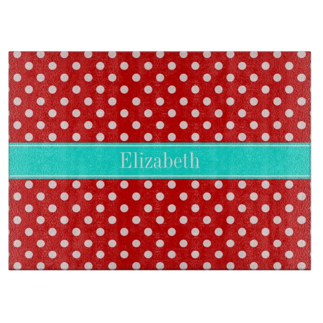 Red White Polka Dots Bright Aqua Name Monogram Cutting Board (Front)