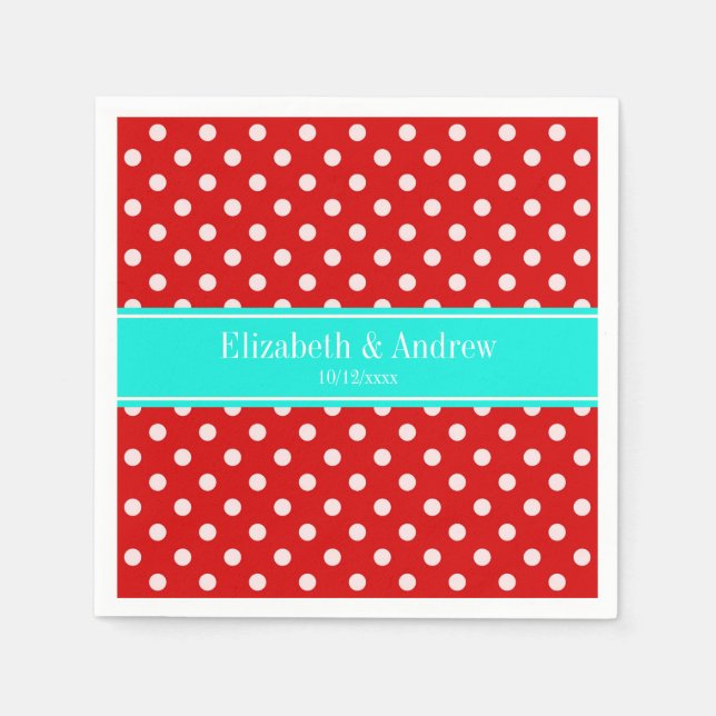 Red White Polka Dots Bright Aqua Name Monogram Napkin (Front)
