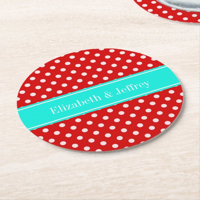 Red White Polka Dots Bright Aqua Ribbon Monogram Round Paper Coaster (Angled)