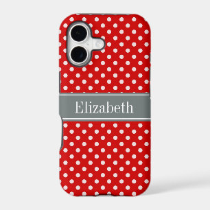Red White Polka Dots Charcoal Ribbon Monogram