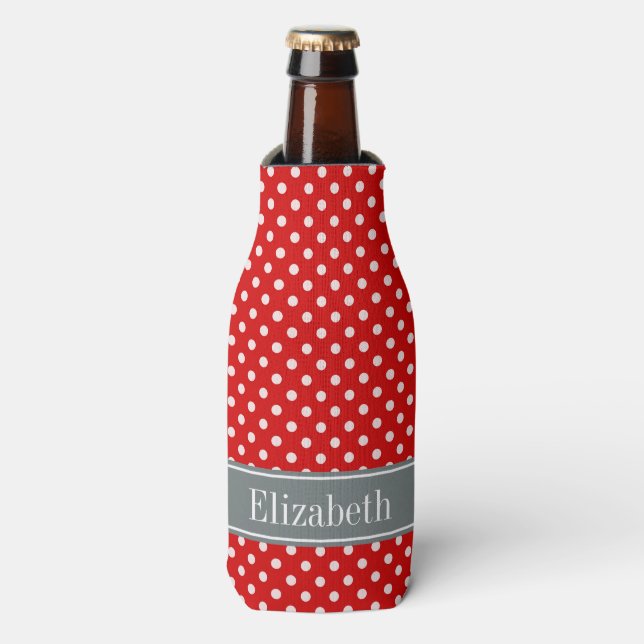 Red White Polka Dots Charcoal Ribbon Monogram Bottle Cooler (Bottle Front)