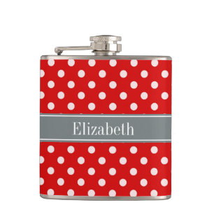 Red White Polka Dots Charcoal Ribbon Monogram Hip Flask